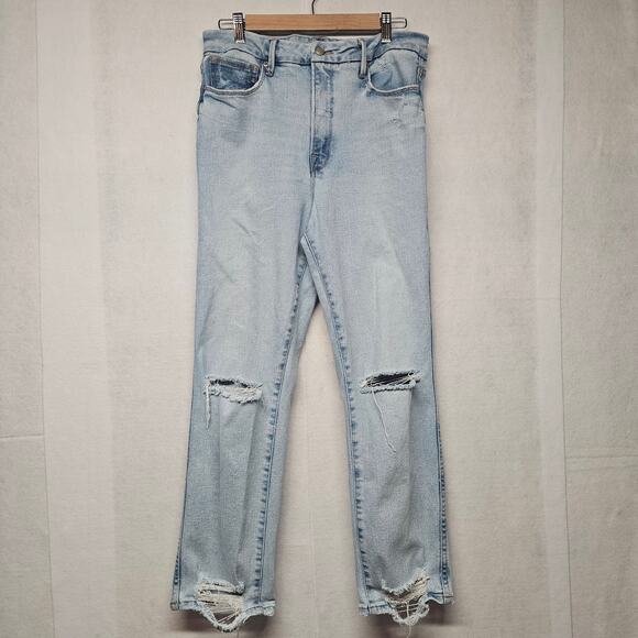 Good American Jeans Straight 10/30 Raw Hem Distressed Light Wash High Rise - Picture 1 of 11